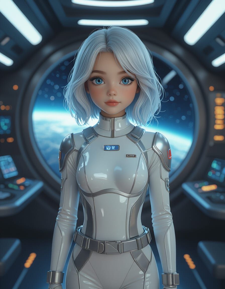 Girl in Spacesuit with Sci-Fi Interior View