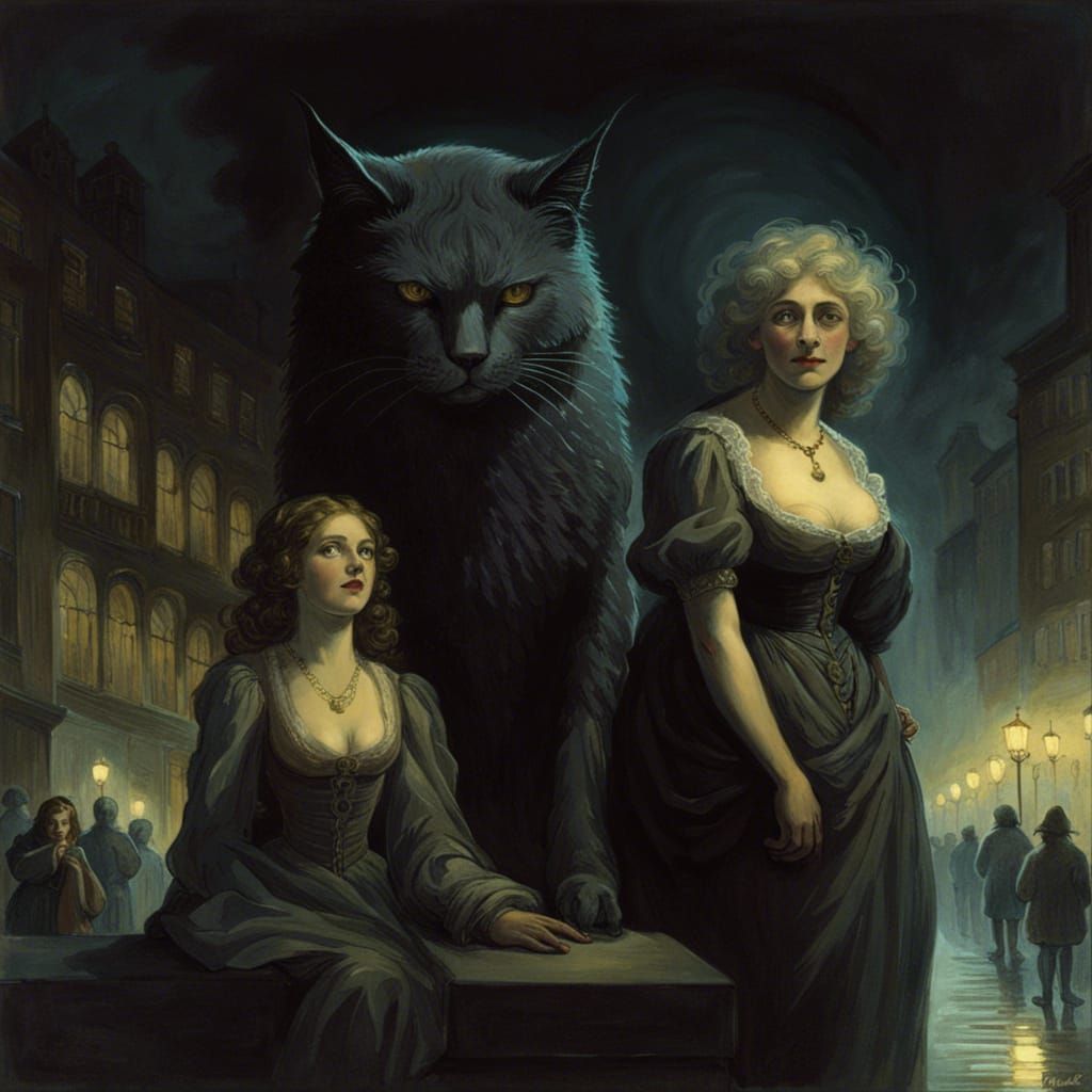Women Walking Giant Cat in City at Night