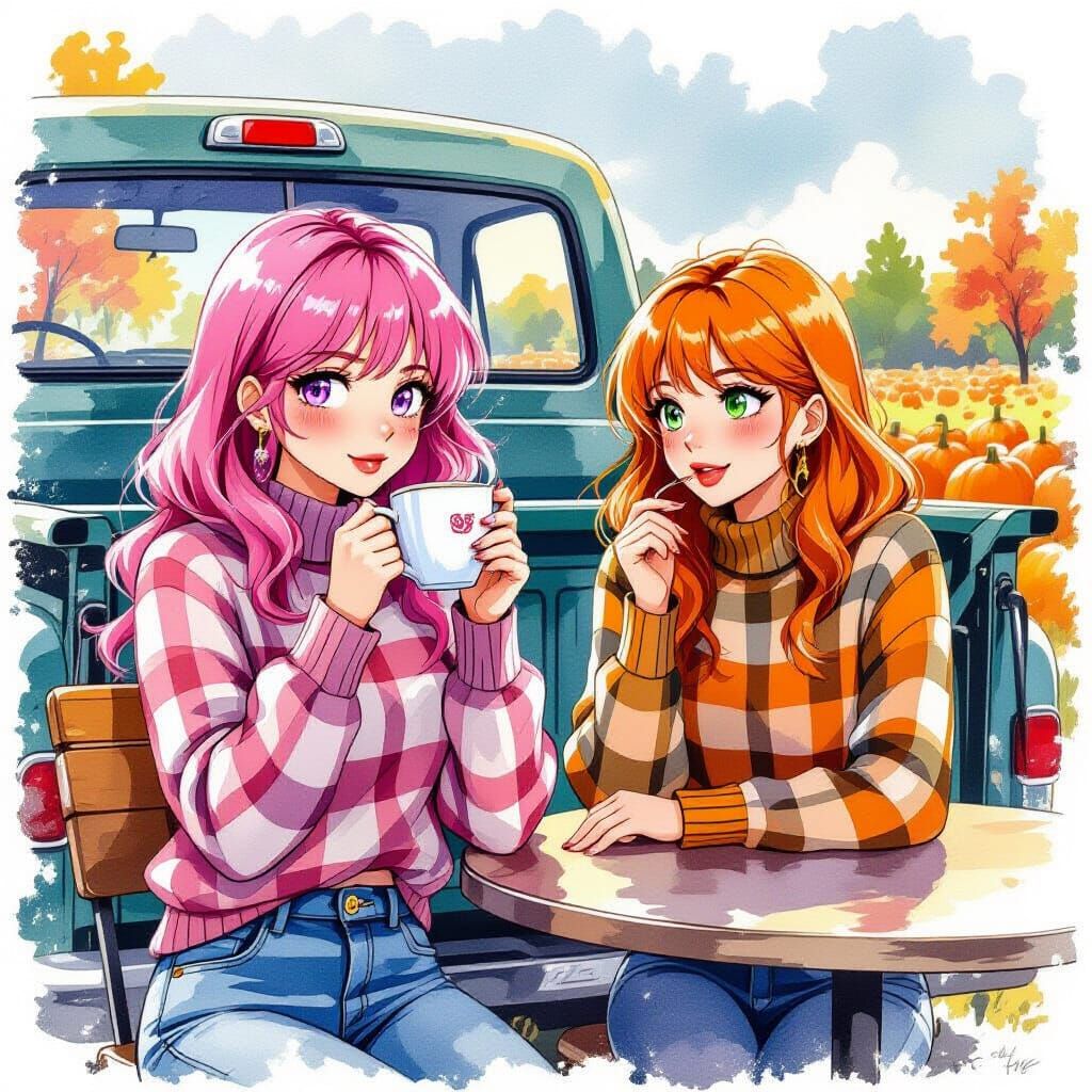 Woman in Truck with Pumpkin Patch in Watercolor Ink Splatter...