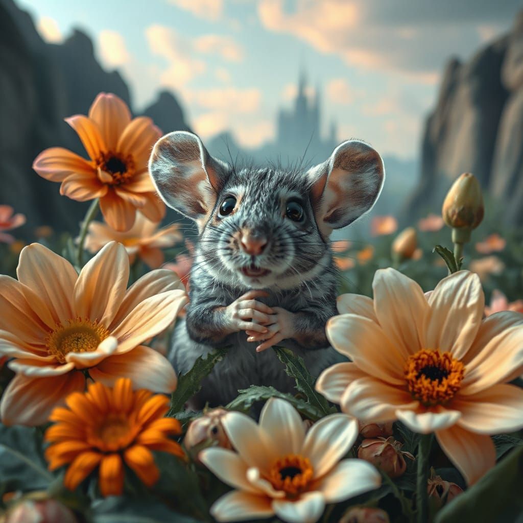 Mouse in Surreal Landscape: An Enchanting Oil Painting