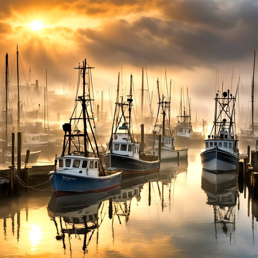 Sunrise Over Misty Harbor with Fishing Boats