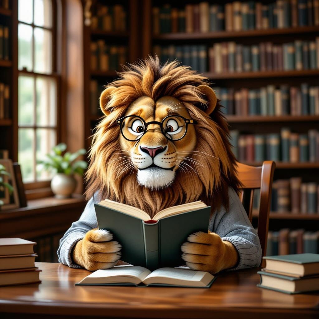 Lion Reads in Library Inspired by Classic Illustrators