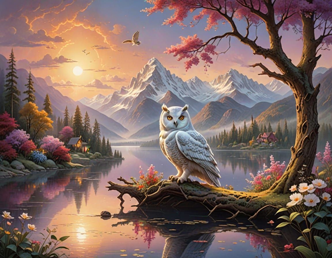 White Owl Perched at Sunset, Ethereal Fantasy Art