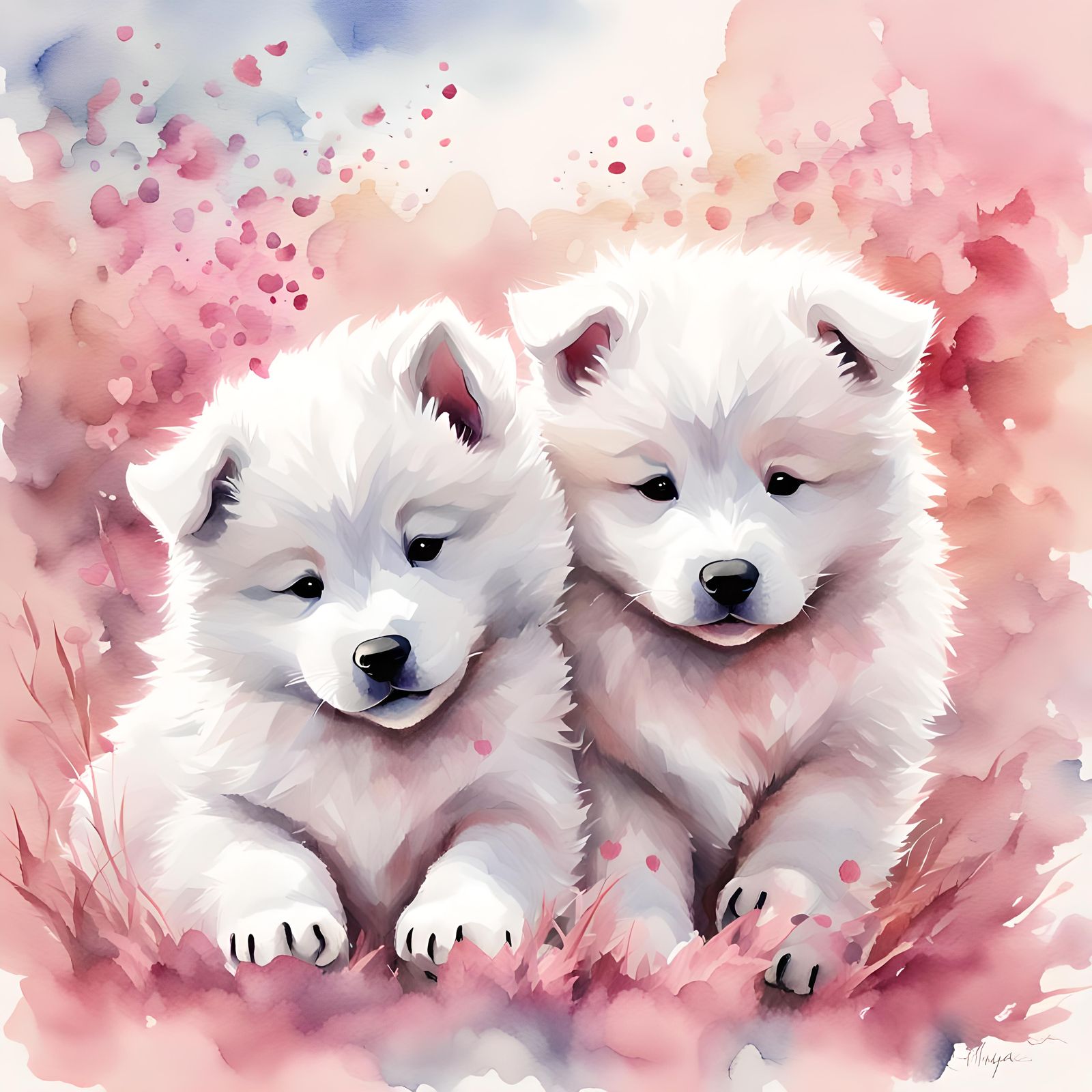 Samoyed Puppies Play in Watercolor Illustration