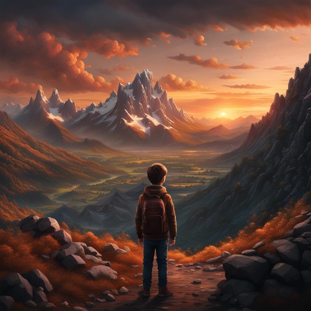 Boy Observes Mountain Range at Sunset