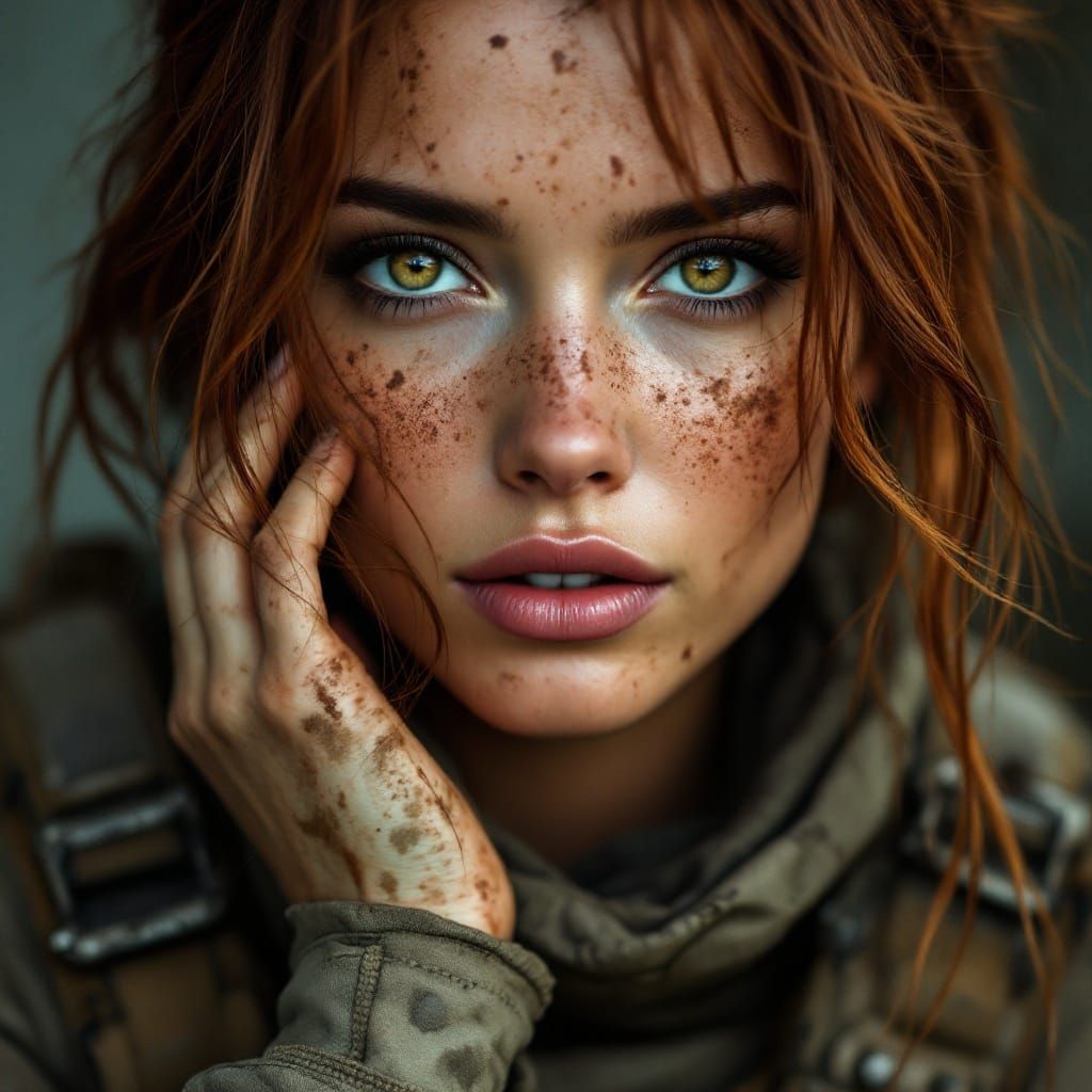 Hyper-Realistic Portrait of a Battle-Worn Soldier Woman