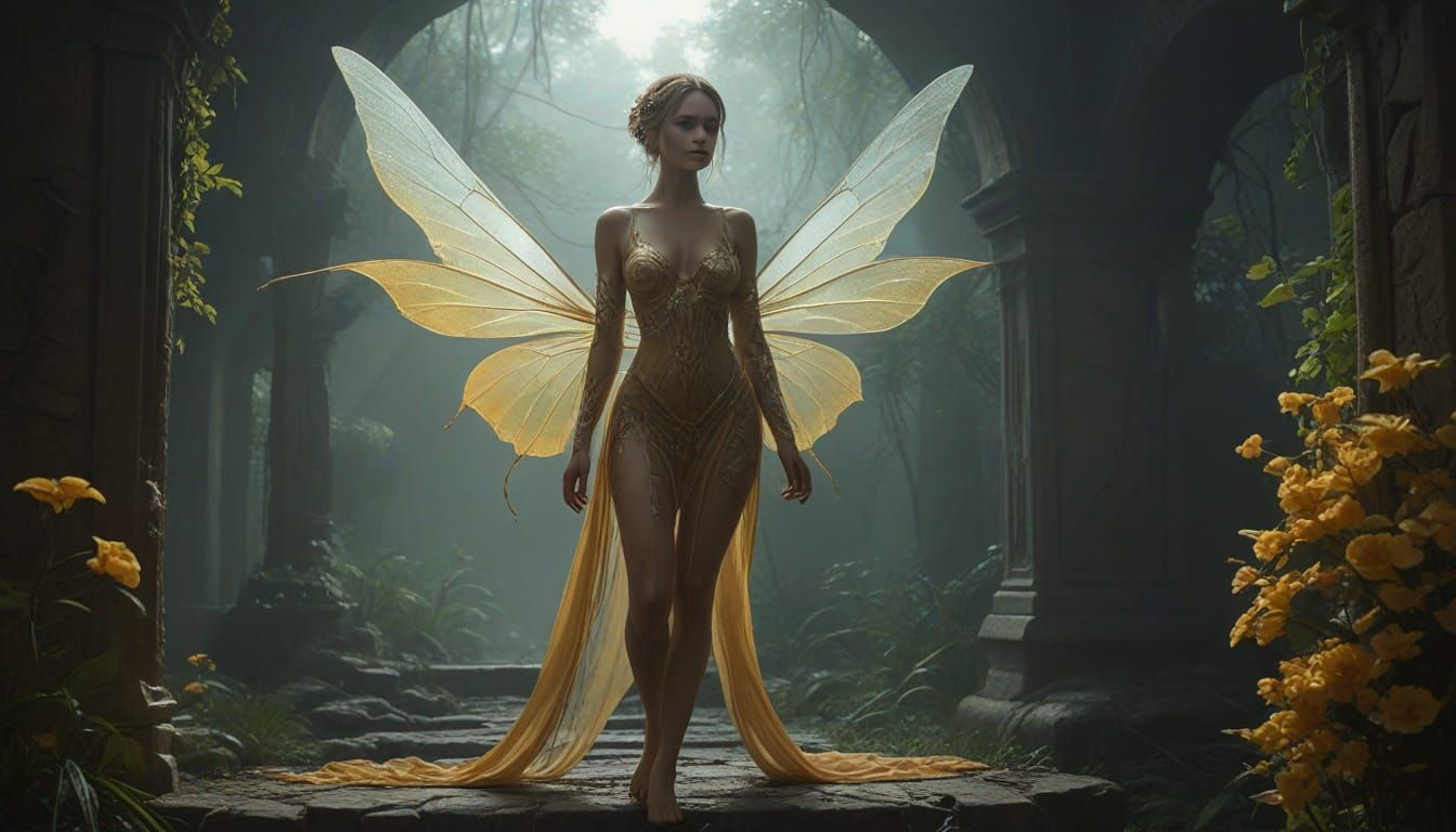 Ethereal Pixie Goddess Radiates Soft Light in Ancient Castle...