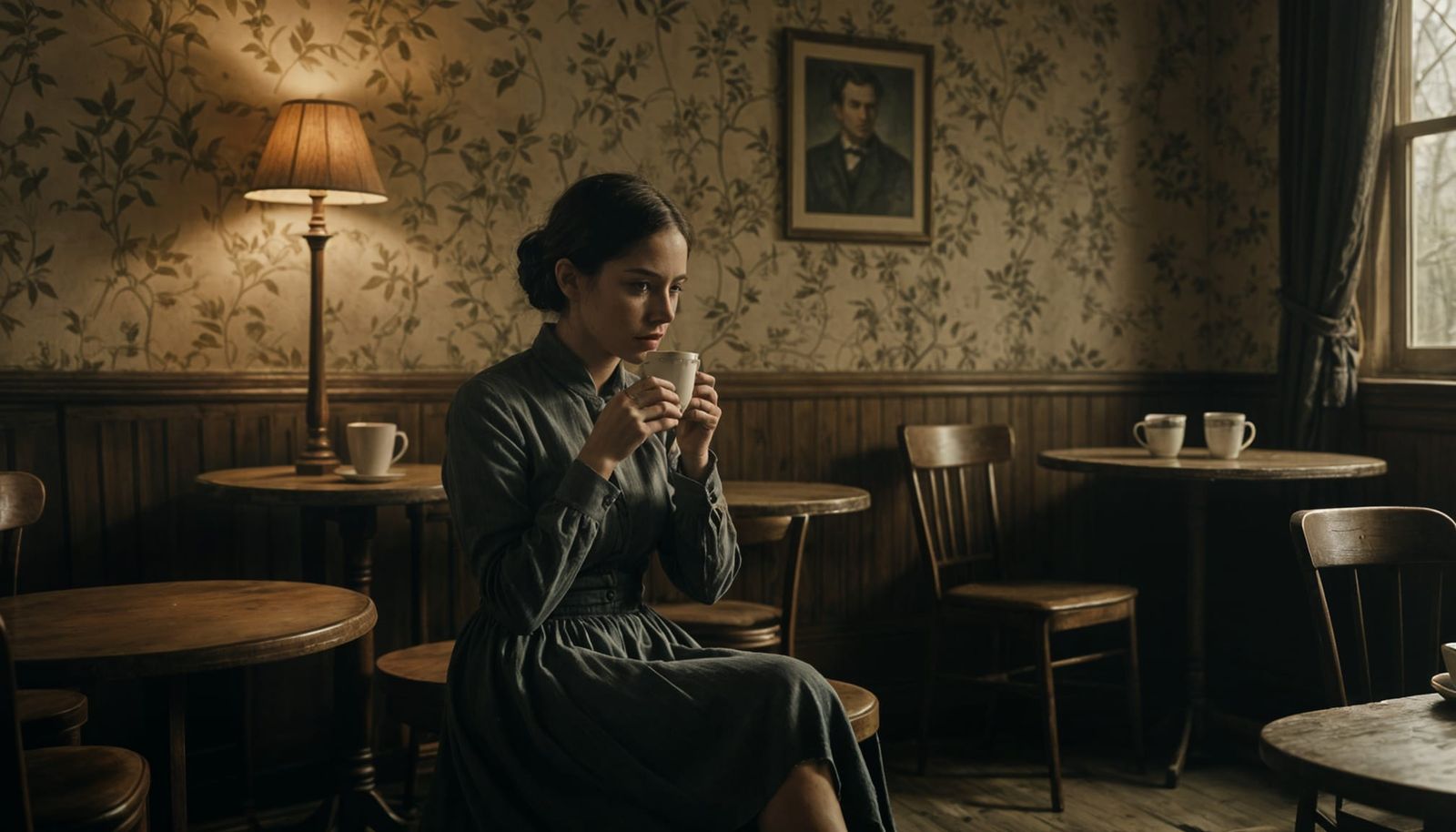 Dramatic Film Still of a Woman in Cafe