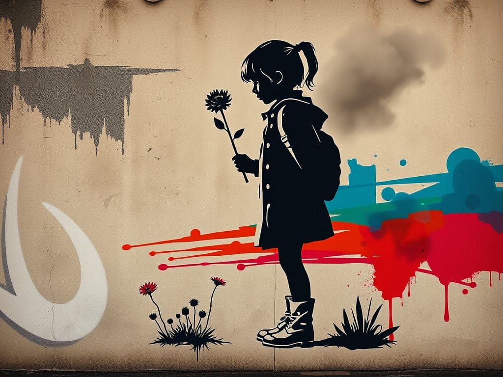 Young Girl Holds a Grenade in Place of a Flower on a War-Tor...