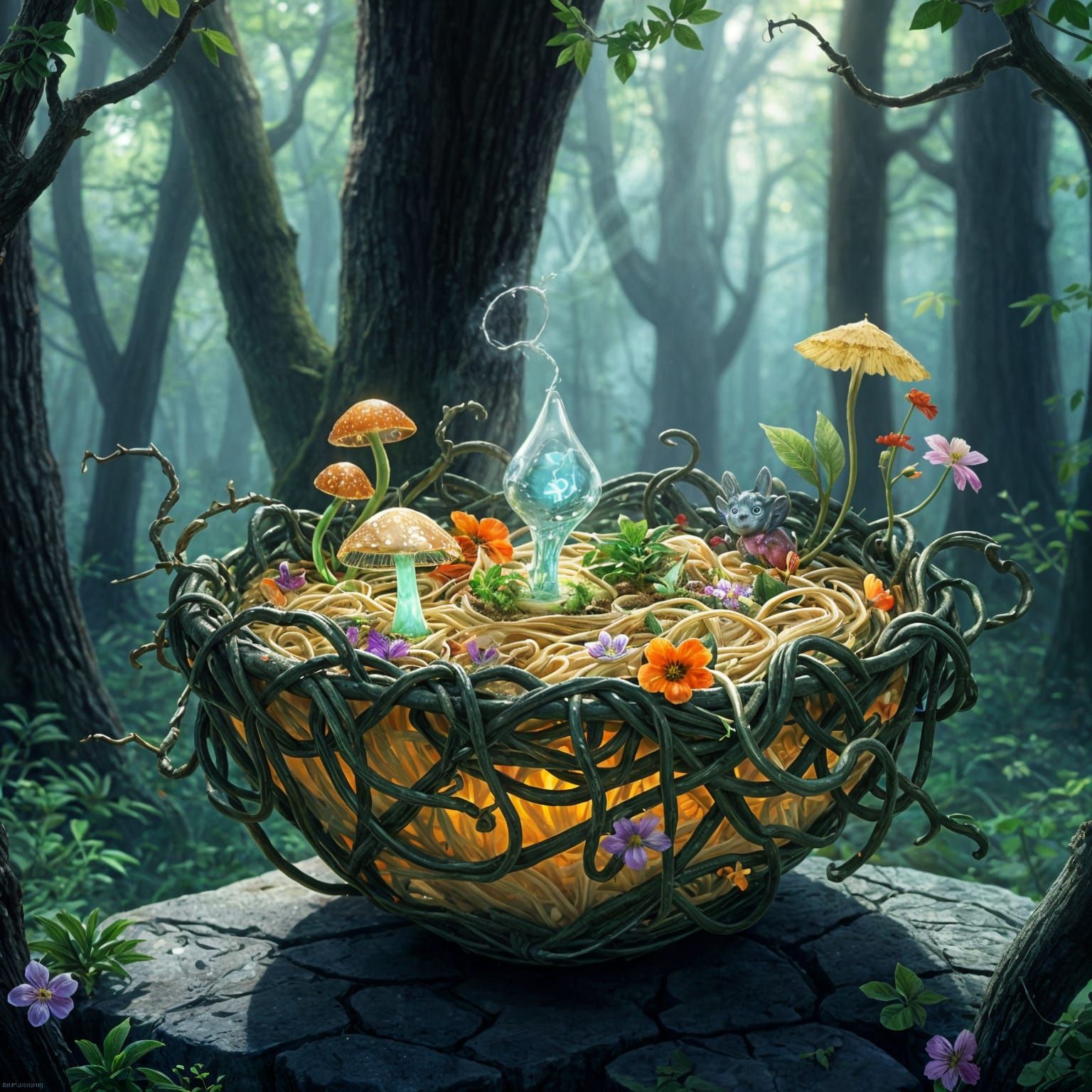 Root and Vine Ramen with luminescent Mushrooms and gemstones