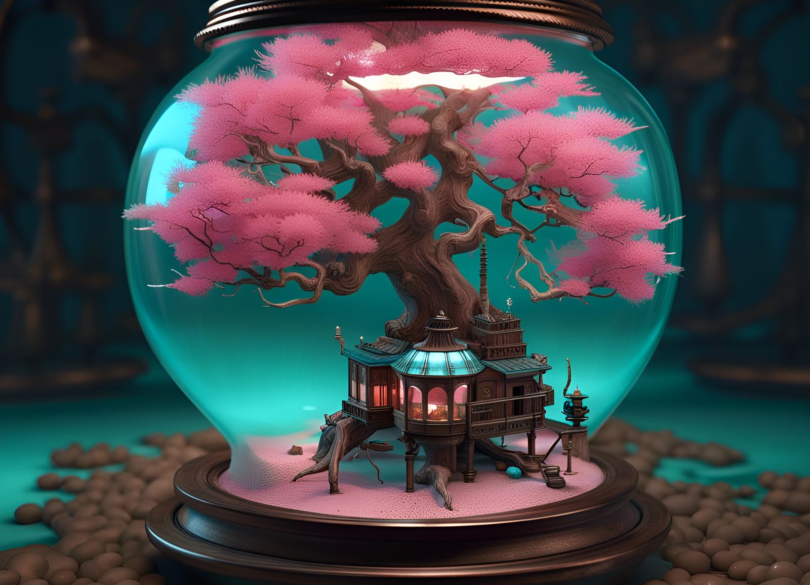 Steampunk Bonsai Tree with Moroccan Lamp, Octane Render