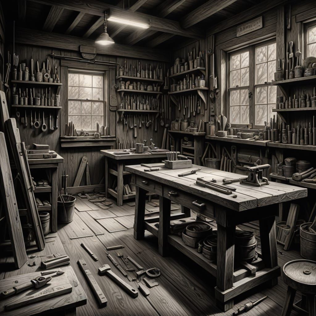 Detailed Charcoal Drawing of Carpenter's Workshop