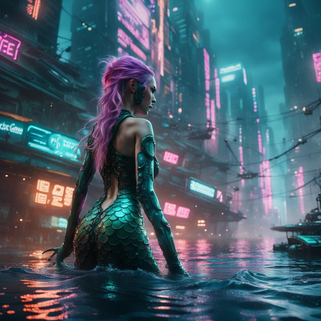Cyberpunk Mermaid in a Flooded Neon City