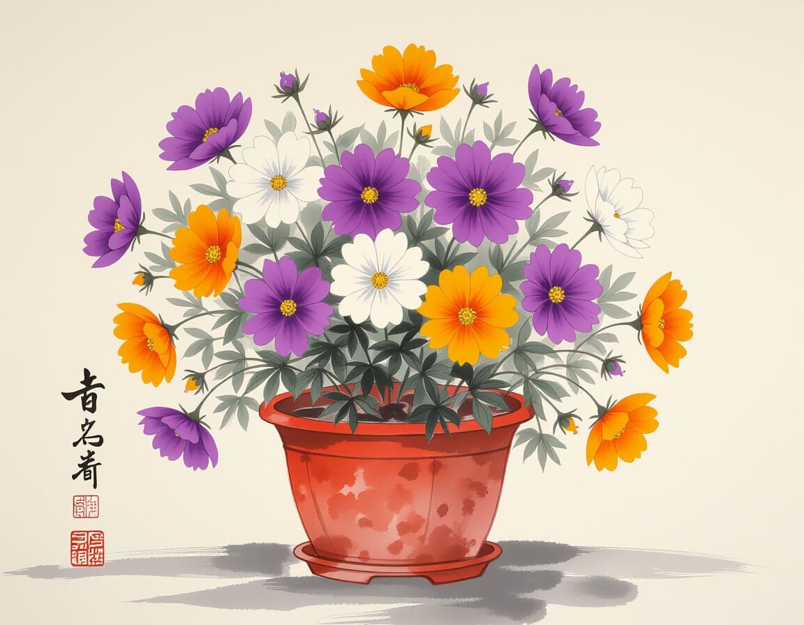 Cosmos Flowers in Chinese Ink Painting Style