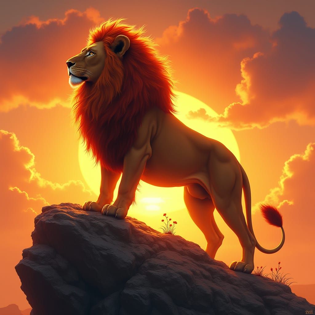 Majestic Lion with Fiery Mane at Sunset