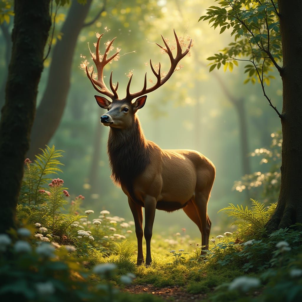 Stag in Ethereal Forest: Art Nouveau Style