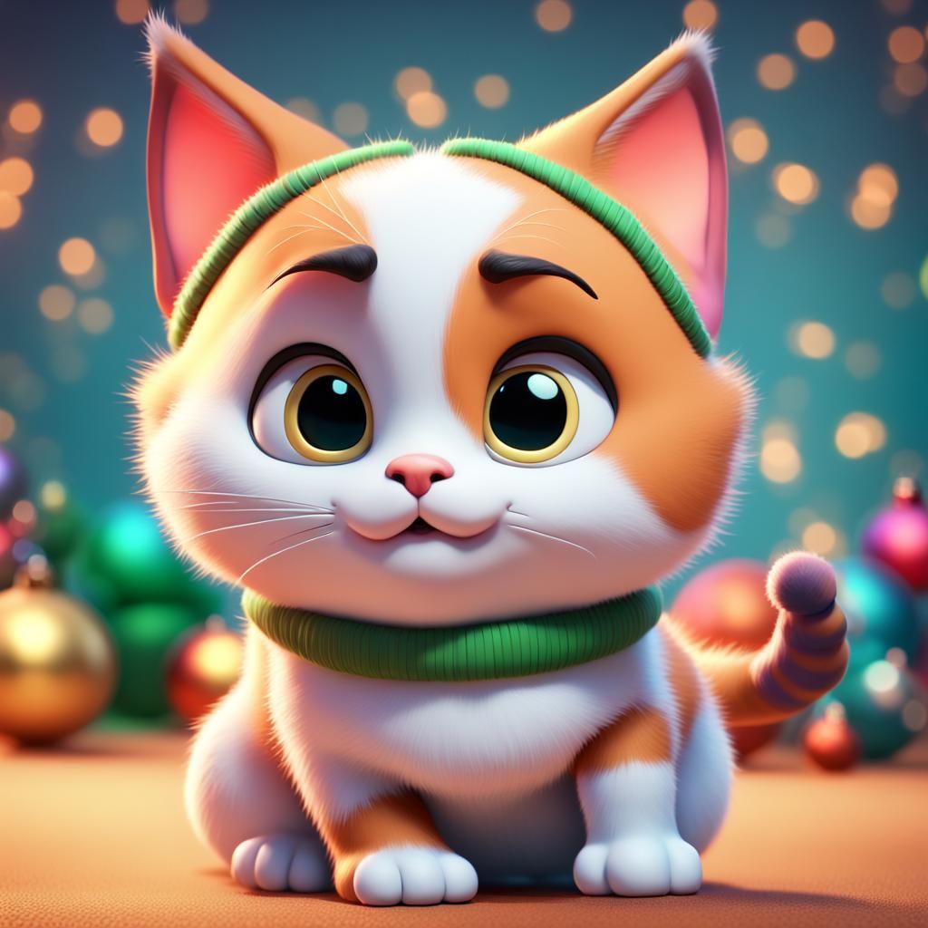 Chubby Christmas Calico Kitten in 3D Digital Art