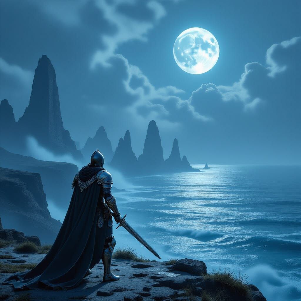 Knight on Alien Cliff Under Twin Moons