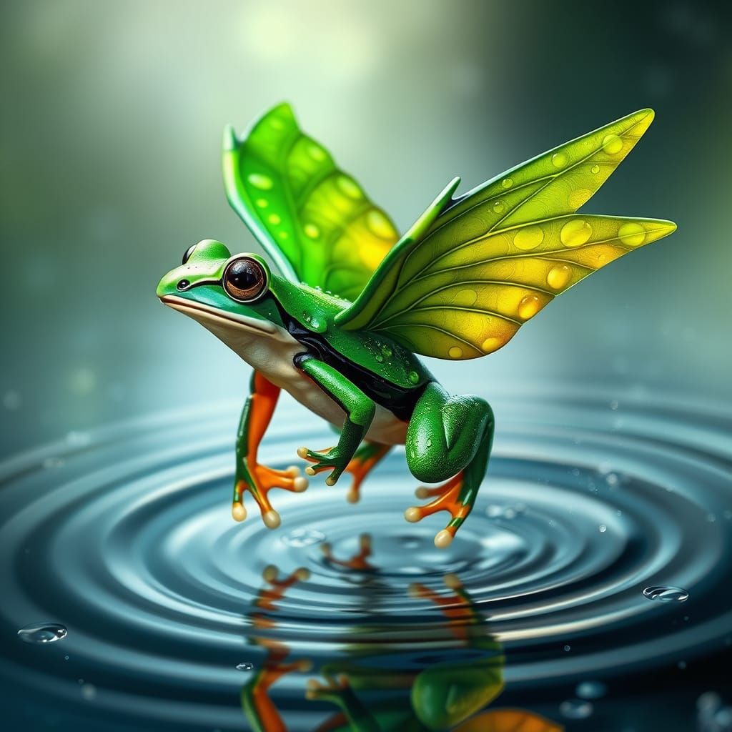 Flying Frog with Dewdrop Leaves in Futuristic Style