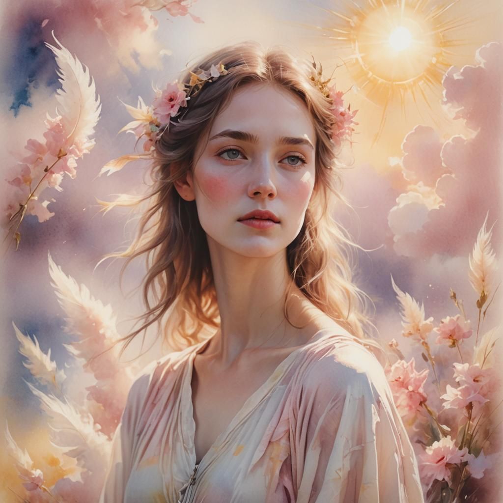 Ethereal Portrait of Beautiful Woman in Watercolor Style