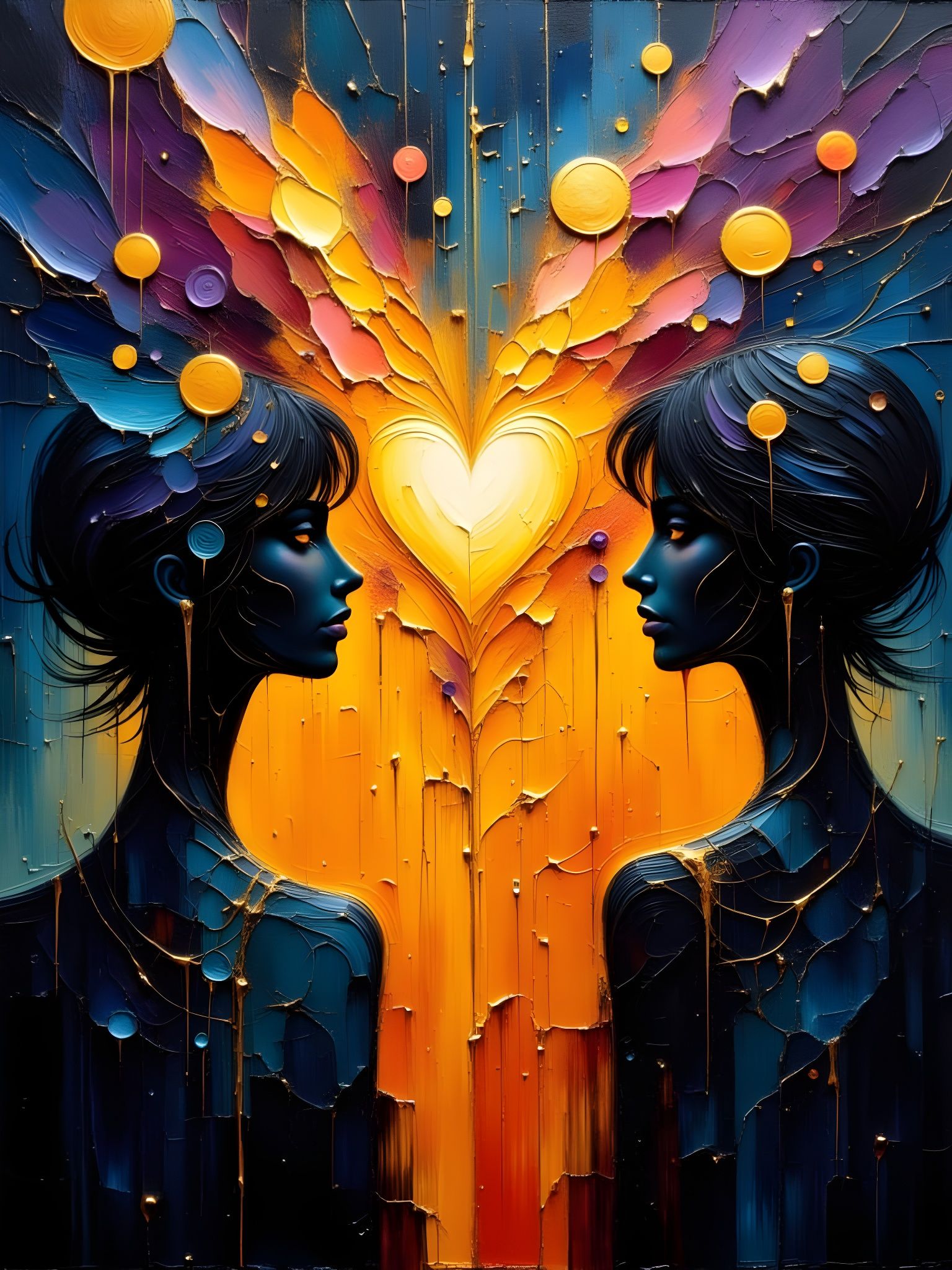 Cubist Surrealist Painting of Women and Golden Heart Nebula