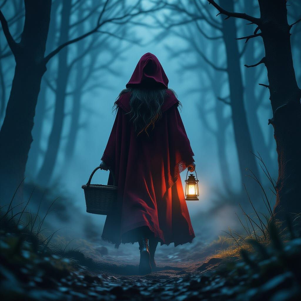 Adult Red Riding Hood in Dystopian Sci-Fi Forest