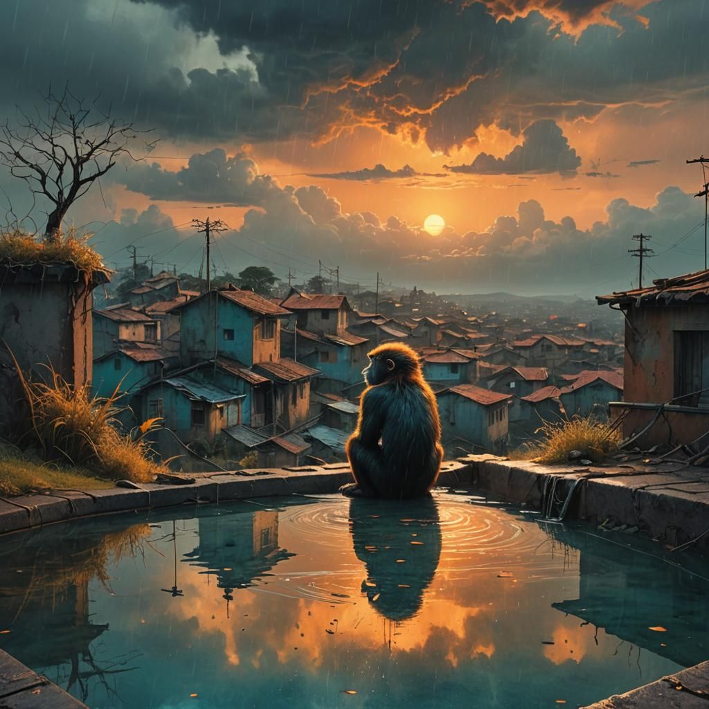 Monkey Contemplates Abandoned Pool in Fantasy Splendor