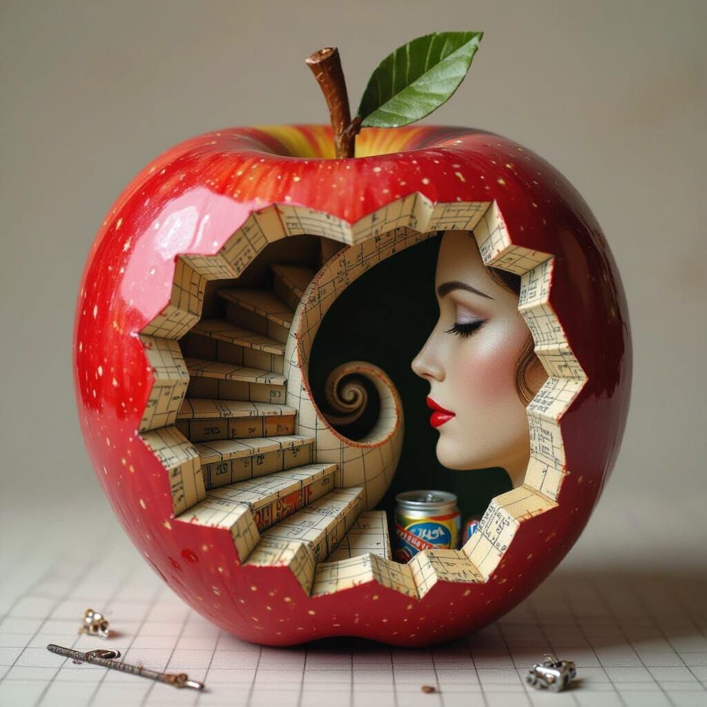Surreal Apple Stairwell: 3D Papier Mache Assemblage