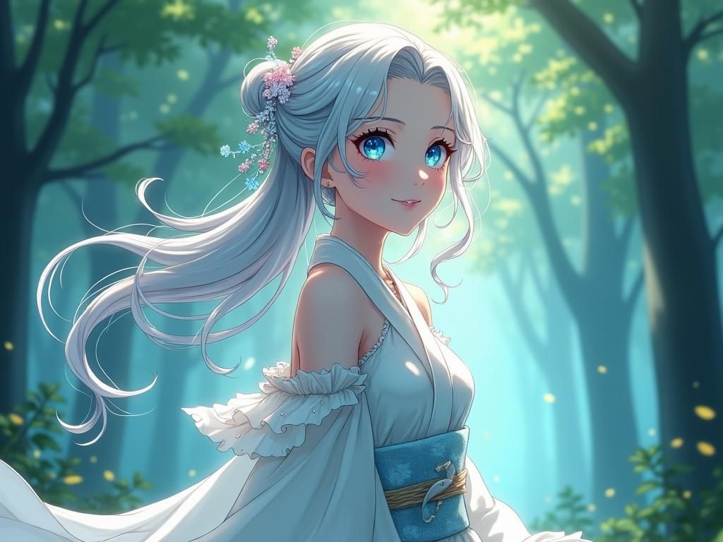 Ethereal Woman in Teal Forest: Anime Key Visual