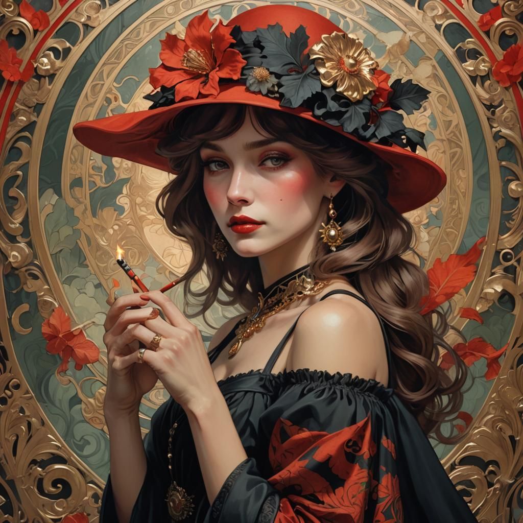 Elegant Lady with Red Hat in Art Nouveau Style