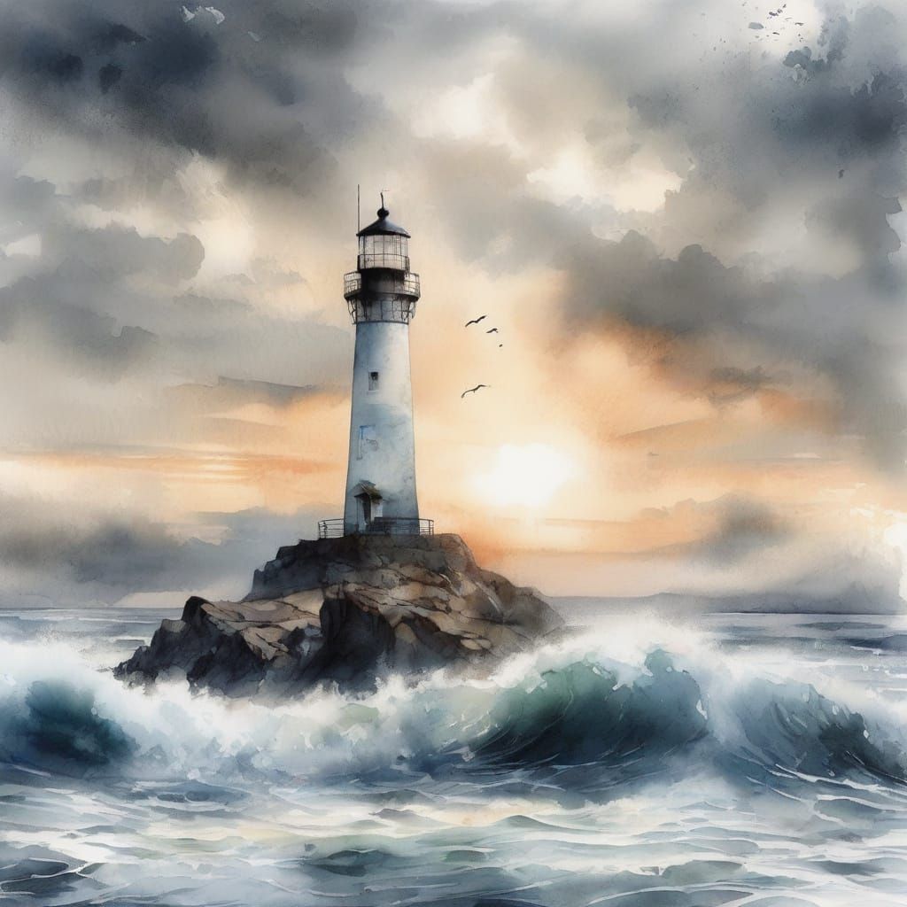 Moody Watercolour Lighthouse on Rocky Islet