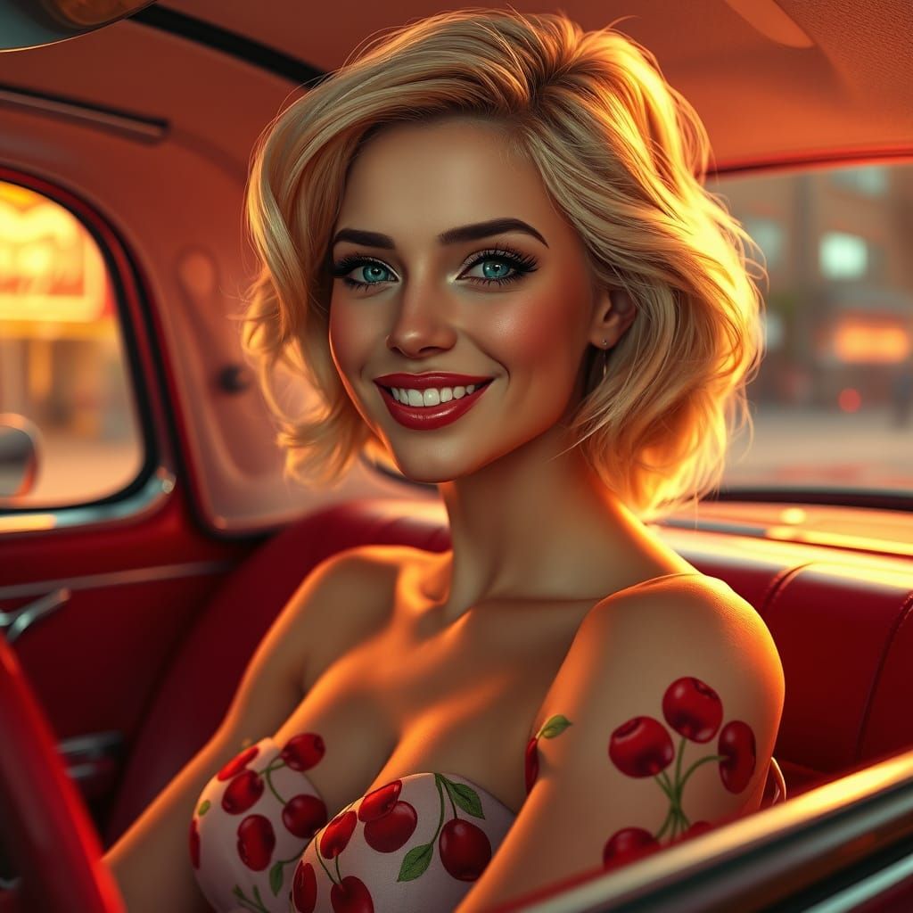 Sultry Pin-Up Girl in Cherry Car