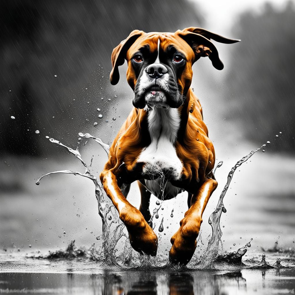 Boxer Dog Jumping in Puddle with Selective Yellow