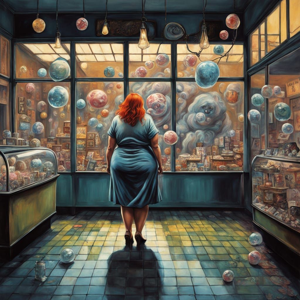 Rear view of an old fat guy tattooed with a chewing gum with...