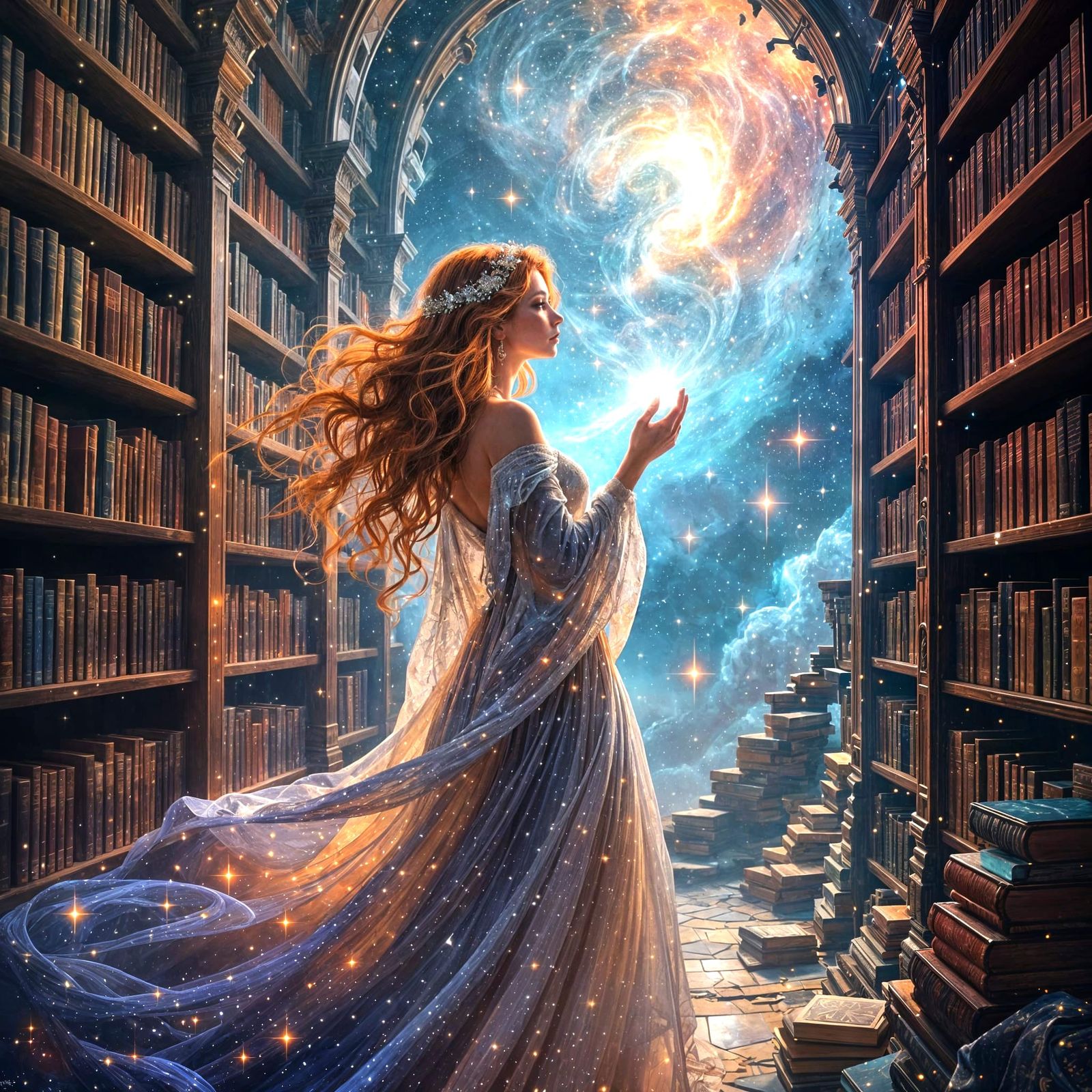 Celestial Librarian in Nebula with Glowing Tomes