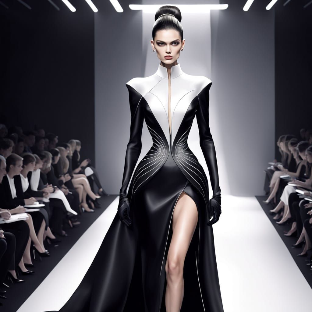 Sleek Haute Couture Model Struts on Runway in Pencil Sketch ...