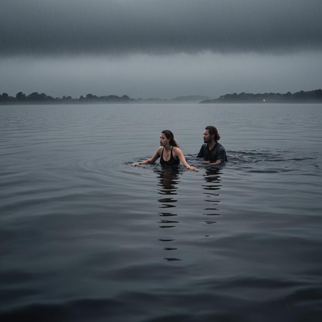 Couple Swimming in Foggy Ocean: Hyperrealistic Concept Art