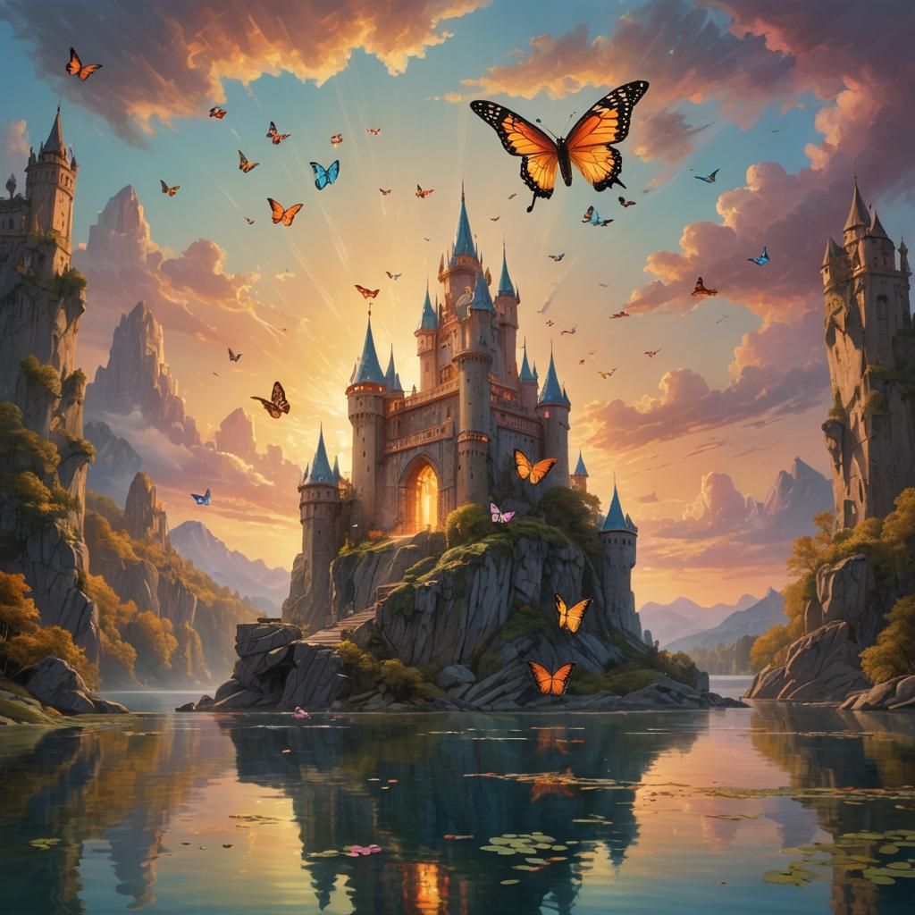 Butterfly Over Lakeside Castle: Fantasy Oil Painting