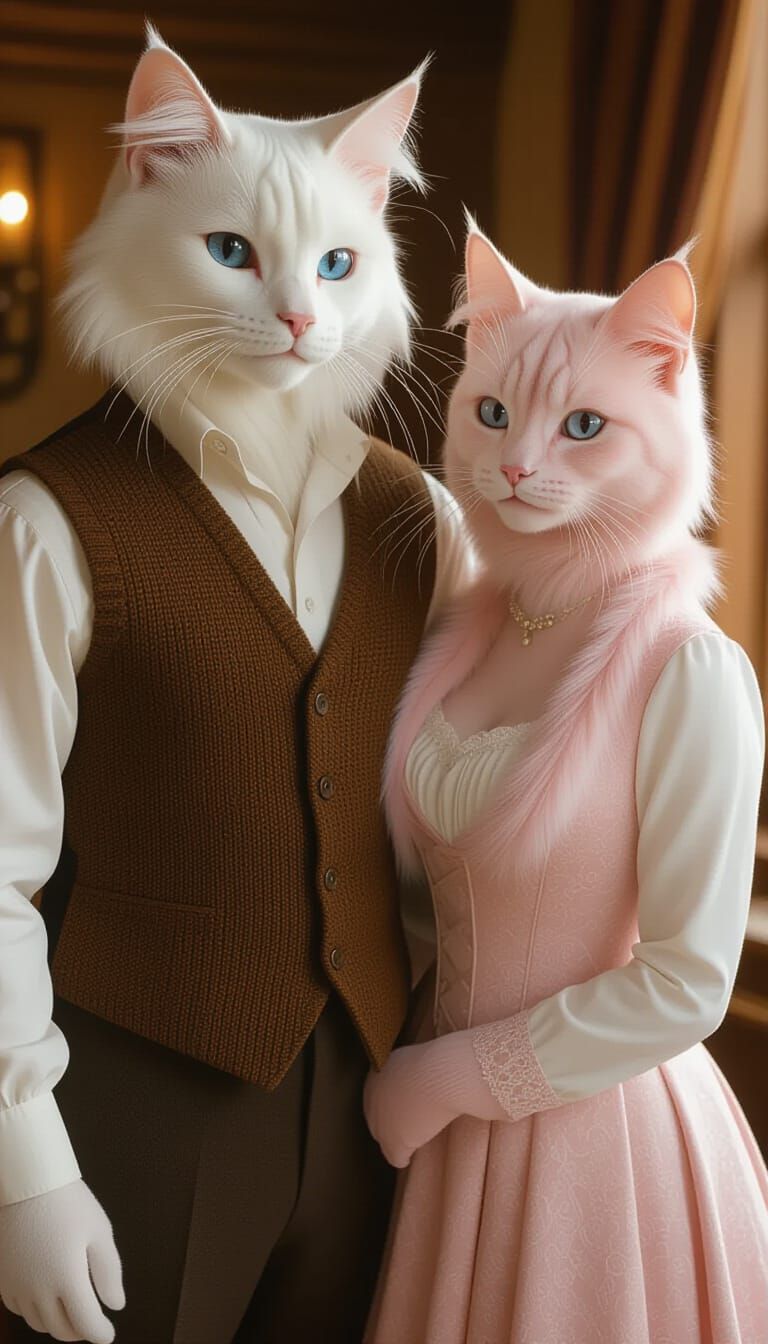 Realistic Humanoid Cat Man and Woman in Cozy Interior
