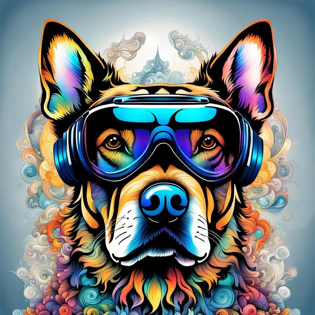 Dog in Goggles with Abstract Fractal Design