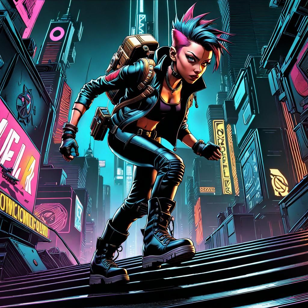 Cyberpunk Character Overcoming Fear in Comic Art Style