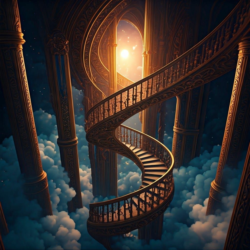 Golden Staircase Ascending to Whimsical Clouds