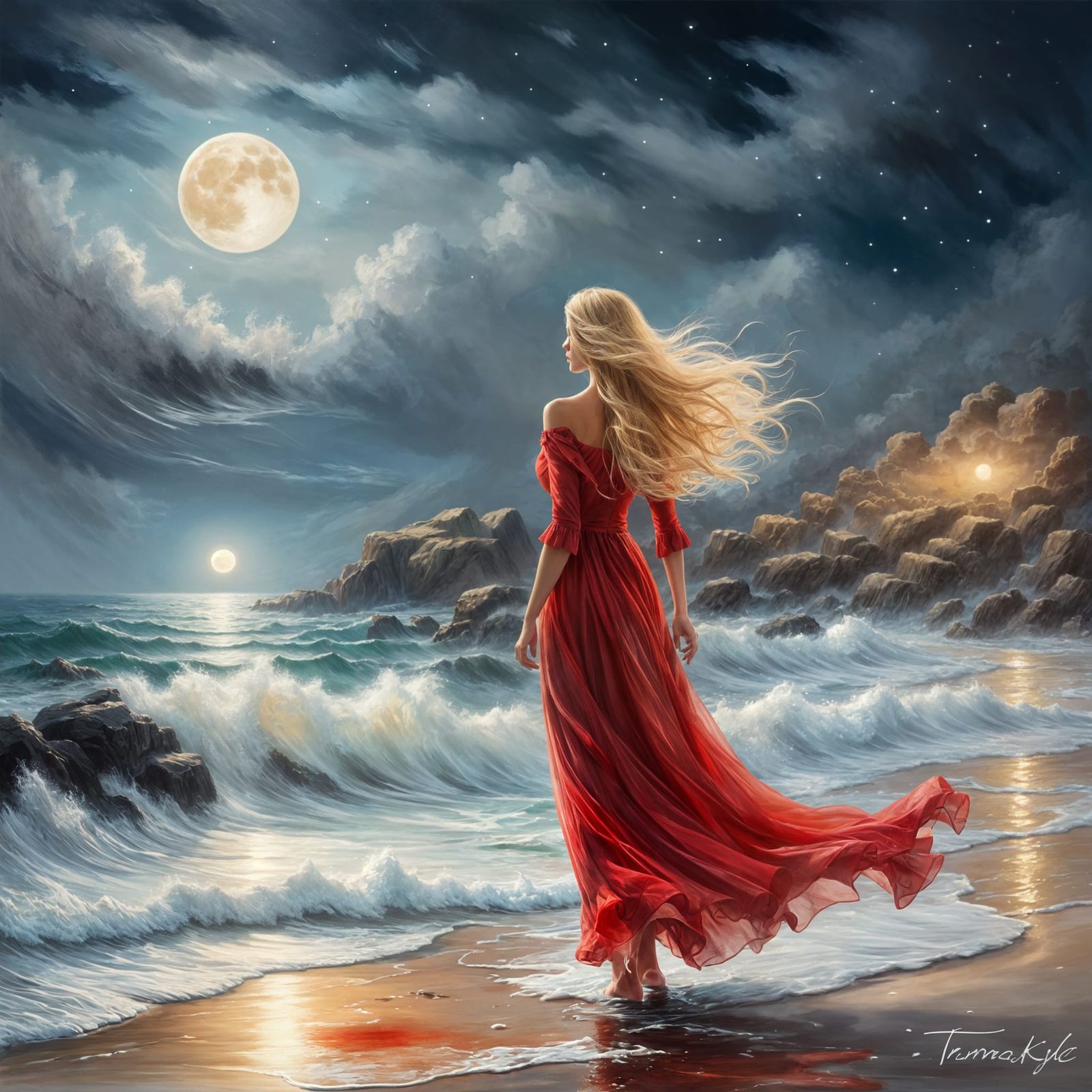 Blonde Goddess Walking the Moonlit Shore in Ethereal Fantasy...