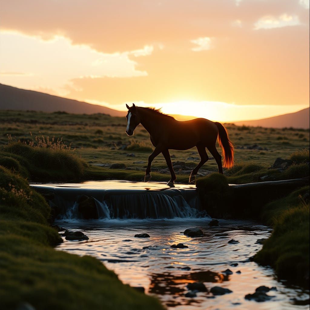 Elegant Horse Strolls Through Misty Sunrise Stream