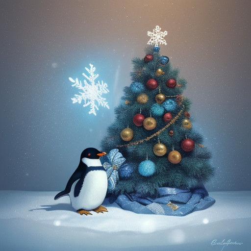 A Penguin Skates on Antarctic Ice, Surrounded by Christmas M...