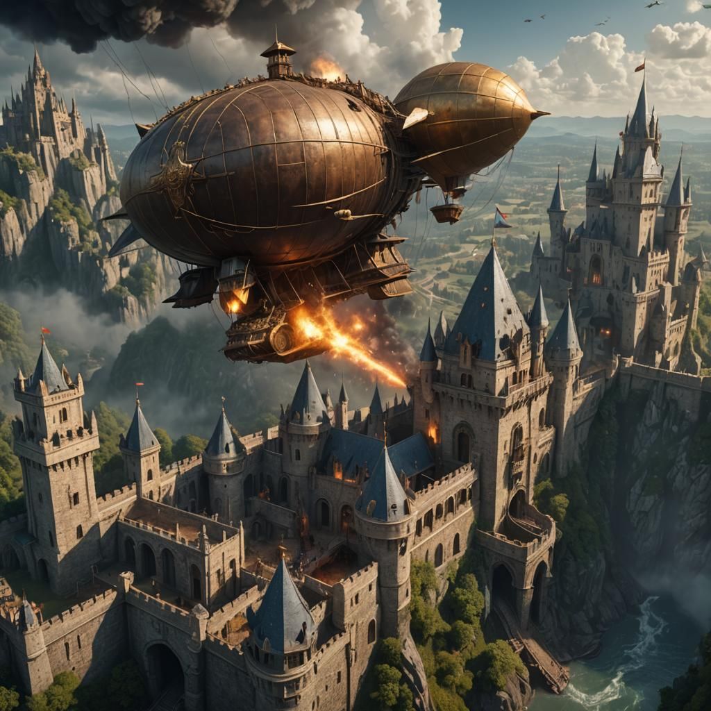 Airship Assault on Castle: Detailed Matte Painting