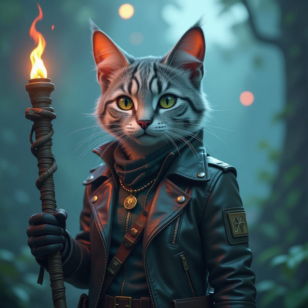Mysterious Feline Adventurer in a Fantastical Realm