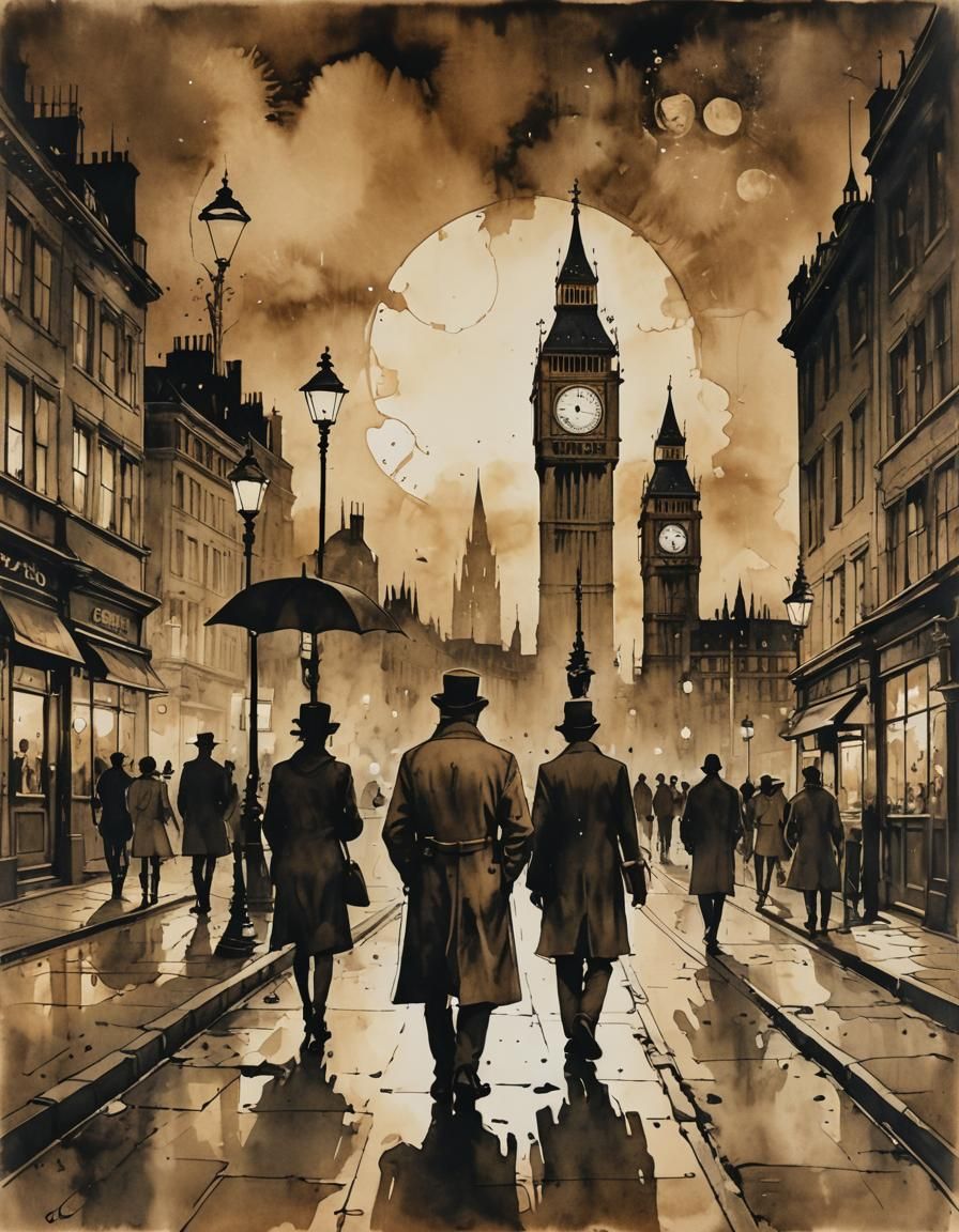London Sights in Steampunk Ink Painting Style