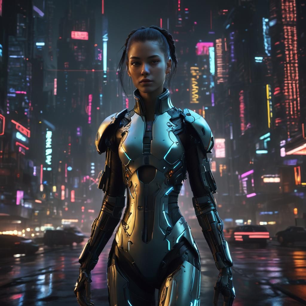 Cyberpunk Woman Portrait in Dystopian Cityscape