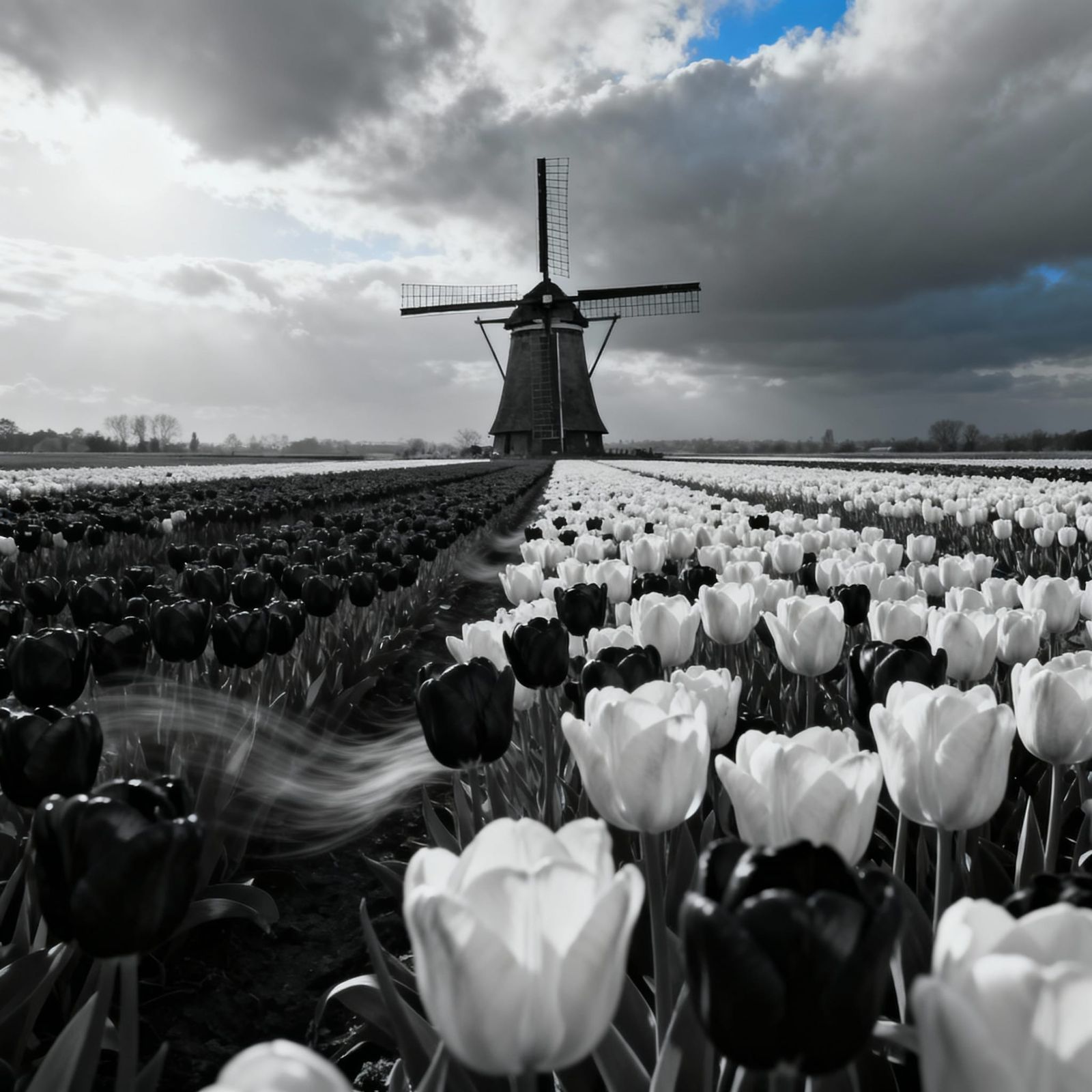 Black and White Tulips Field with Dutch Windmill and Cloudy ...